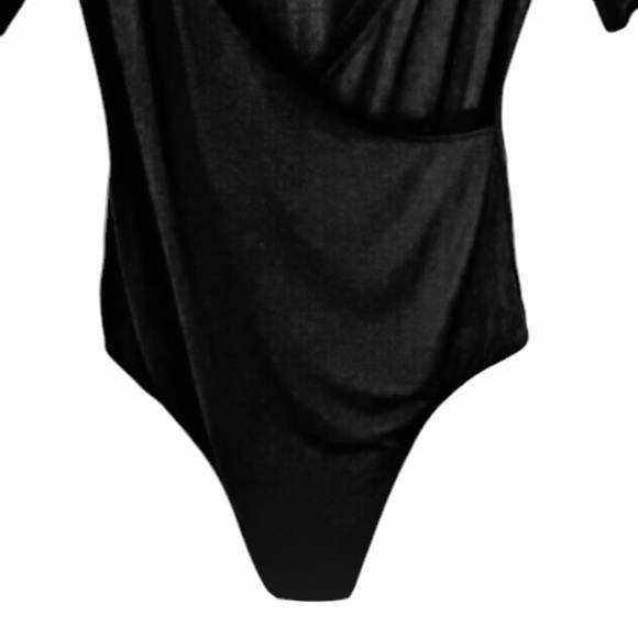 Intimately FP sz S black short sleeve V-neck wrap front thong bodysuit mesh trim - Picture 9 of 16